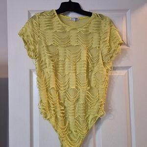 Highlighter Yellow Distressed Bodysuit (Fits Size L/XL Runs Smaller Than Tag Sz)